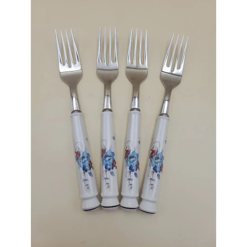 Vintage Noritake Bleufleur Flatware Set - 20pc Stainless Porcelain Japan Floral